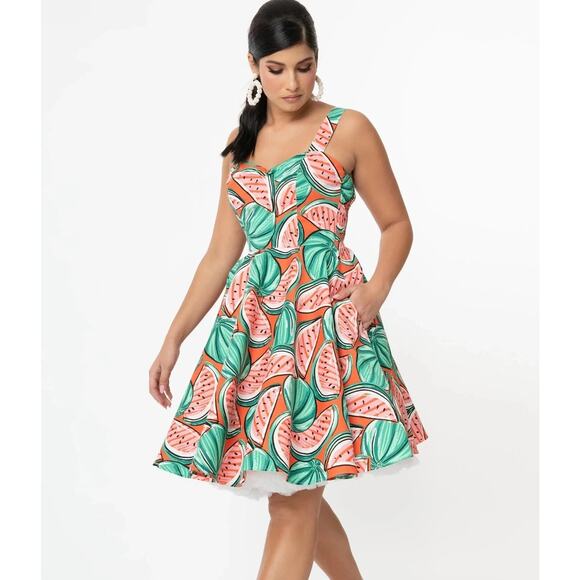 Hell Bunny Watermelon Print Summer Dress 4XL Cotton Stretch Fit & Flare - Picture 1 of 11
